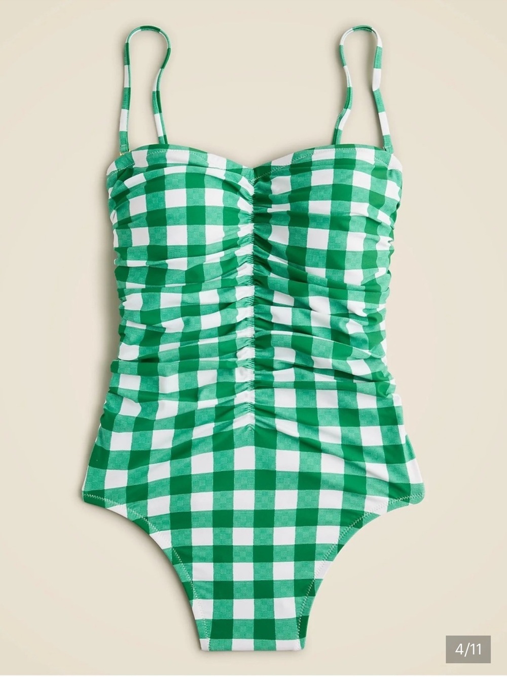 J. Crew Ruched sweetheart one-piece swimsuit in green gingham size 2